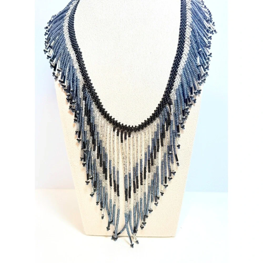 Black Blue Glass Beaded Fringe Bib Statement Necklace 19 Inch Toggle